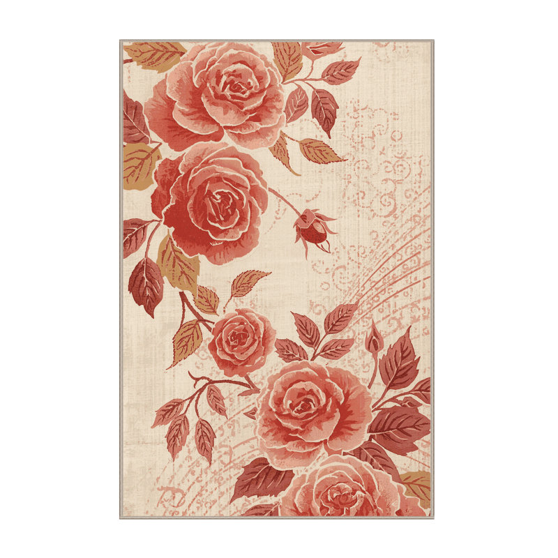 Machine Washable Ortmund Rose Classic Floral Rug in Beige – Beige Binding, 2x5
