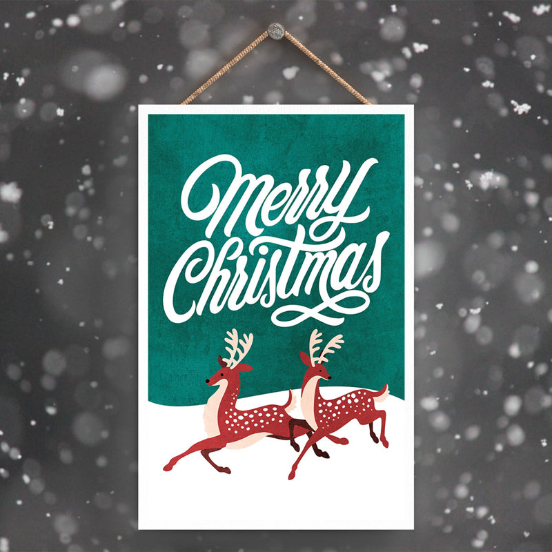Xmas Merry Christmas Reindeer Wooden Plaque, 18.5cm H x 12cm W x 0.9cm D
