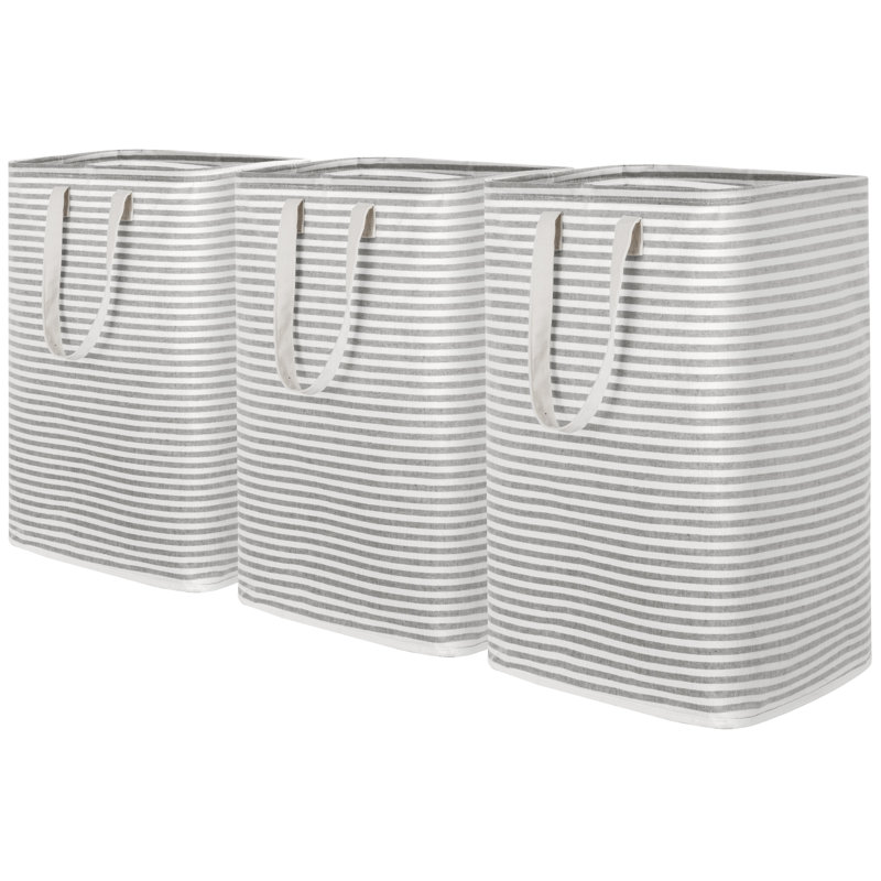 Gray Striped Large Collapsible Laundry Hampers with Handles
