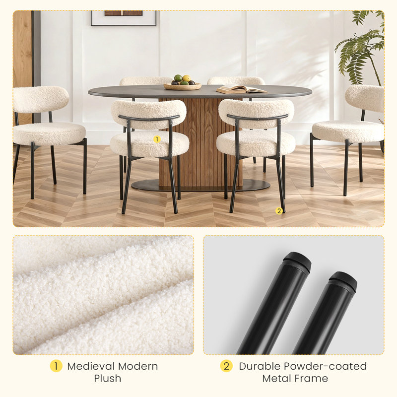 Boucle Sherpa Dining Chairs Set - Ergonomic Curved Back Upholstered Chairs with Sturdy Frame, Easy Assembly for Modern Kitchen & Dining Room