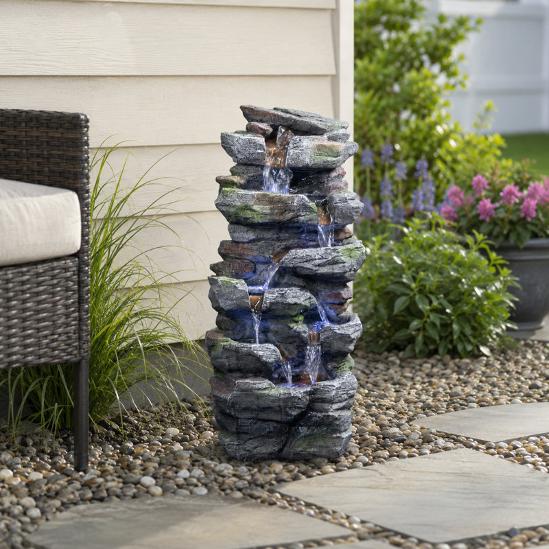  Fontaine de jardin en pierre à 5 niveaux avec lumière H 23,62 po