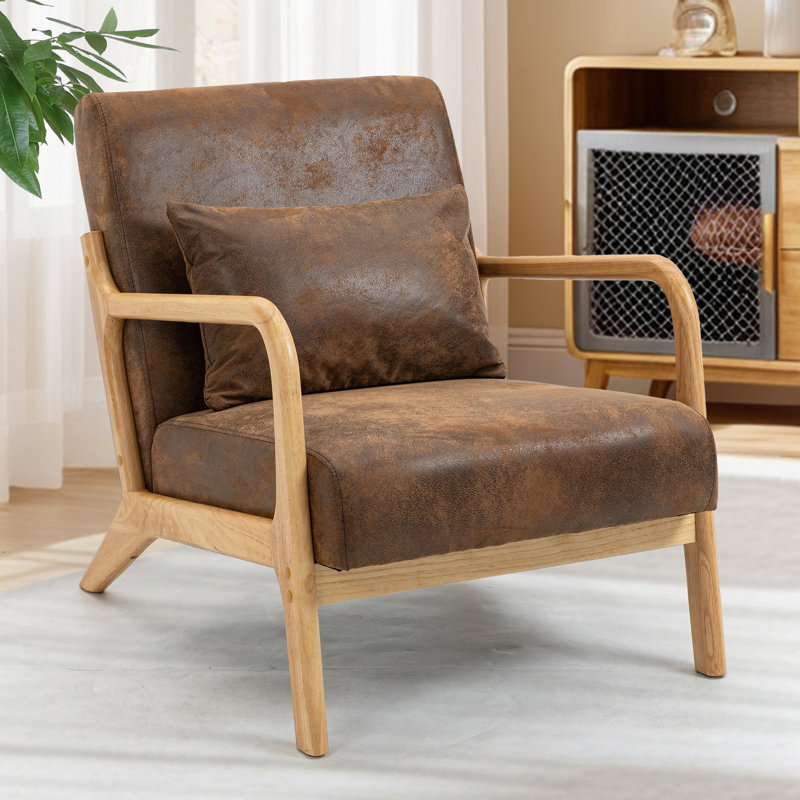 Chaise d'appoint rembourrée en bois massif de 25,6 po de largeur Mid-Century avec coussin supplémentaire, Brun