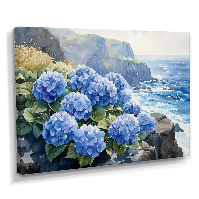 Hortensias au bord de la mer, falaise I - art mural floral, H 12 po x l 20 po, Toile tendue, Ne s’applique pas