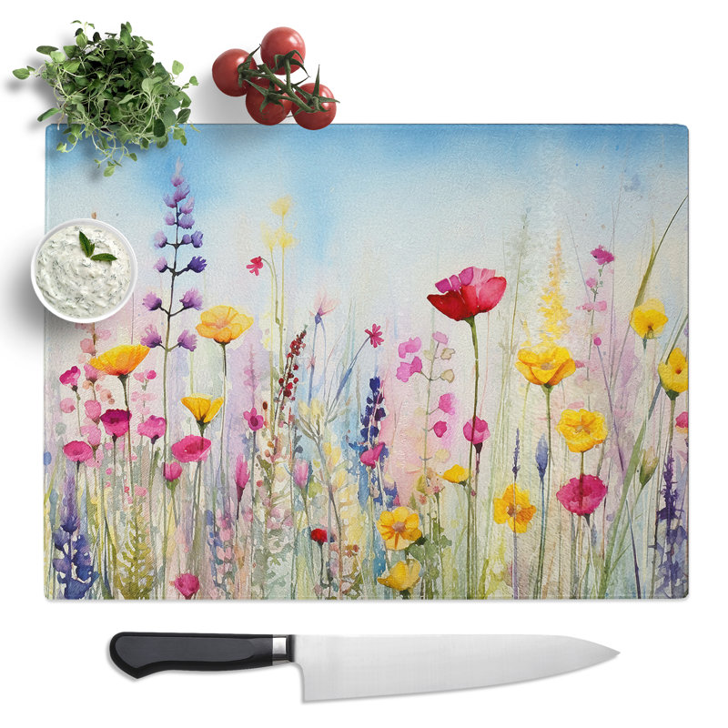 Wildflowers Watercolour  Glass Chopping Board