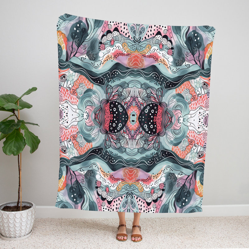 Throw Blanket, 68" W x 80" L, Abstract, Gray/Blue/Pink
