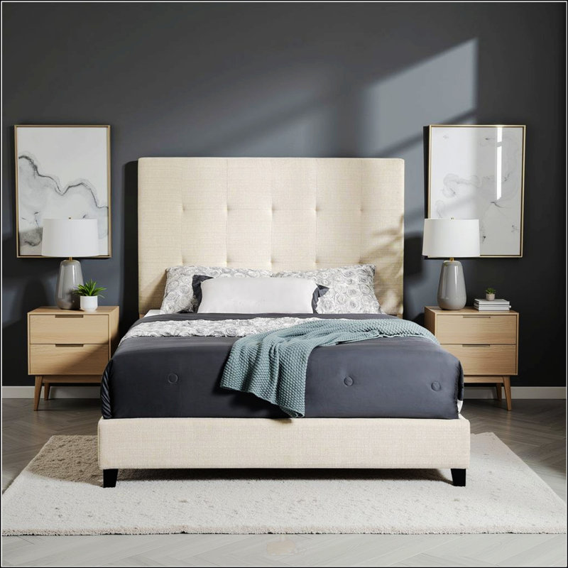 Queen Size Beige Tufted Upholstered Platform Bed