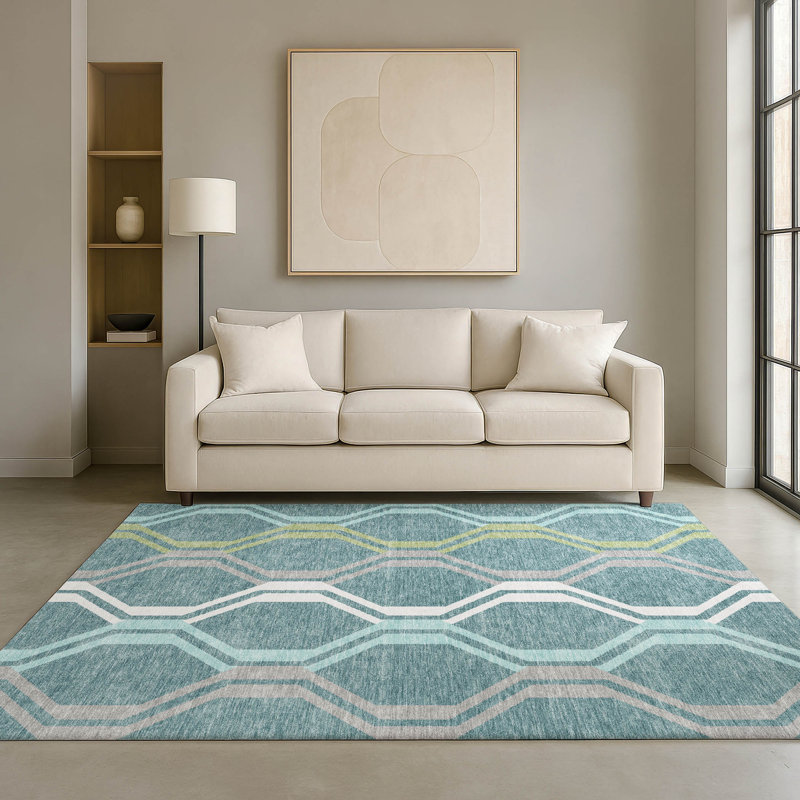 Tapis de qualité supérieure Mid-Century moderne lavable à la machine Premium Mayfield AMF2326, Sarcelle, 3 pi x 5 pi