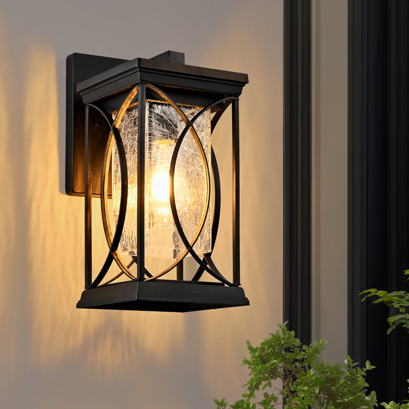  14" 1-Light Outdoor Wall Light With Crackled Glass, Black Wall Sconce Lighting For Porch, Patio, Garage, And Entryway