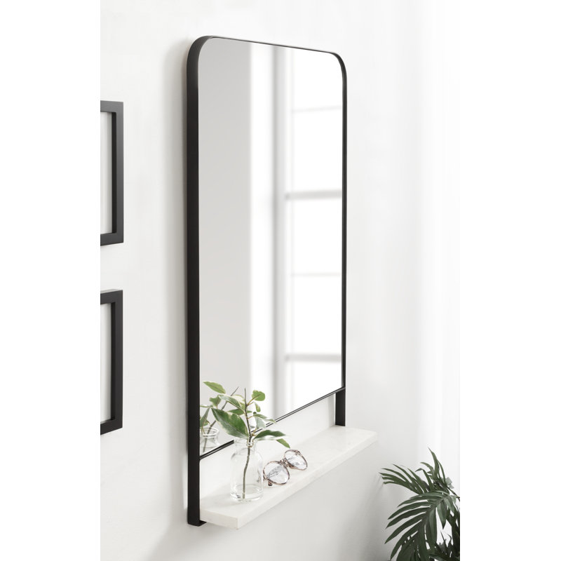 Branchville Metal Wall Mirror with Shelf, Square, White and Black, 20" x 34"