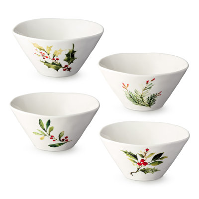 Bols à crème glacée de Noël Holly and Vines - Ensemble de 4 bols de Noël en grès avec des styles botaniques conçus par l'artiste, des bols à dessert et à collation de 22 oz pour les repas et les réceptions d'hiver