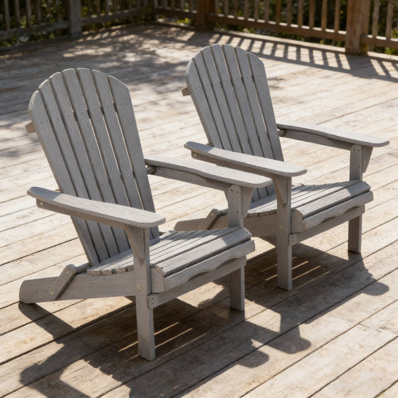 Wooden Folding Adirondack Lounge Chairs – Solid Wood Patio Seating For Garden, Lawn, Backyard, Gray, 2