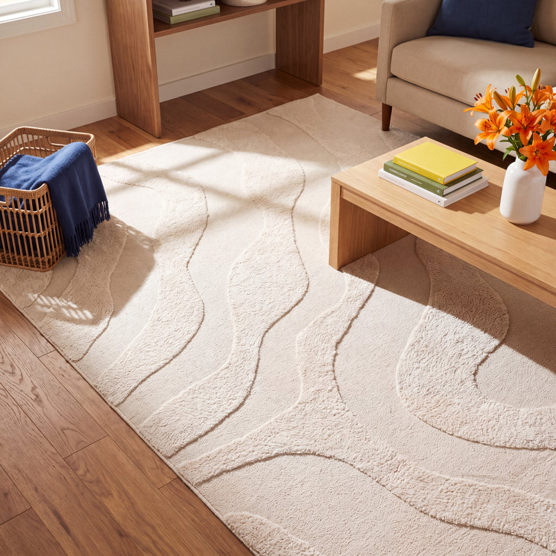 Mozie Abstract Handmade Cotton Area Rug in Ivory, Rectangle 6' x 9'