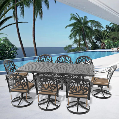 9-Piece All-Weather Cast Aluminum Dining Set, Include 8 Swivel Chairs And Rectangular Table With Black Frame