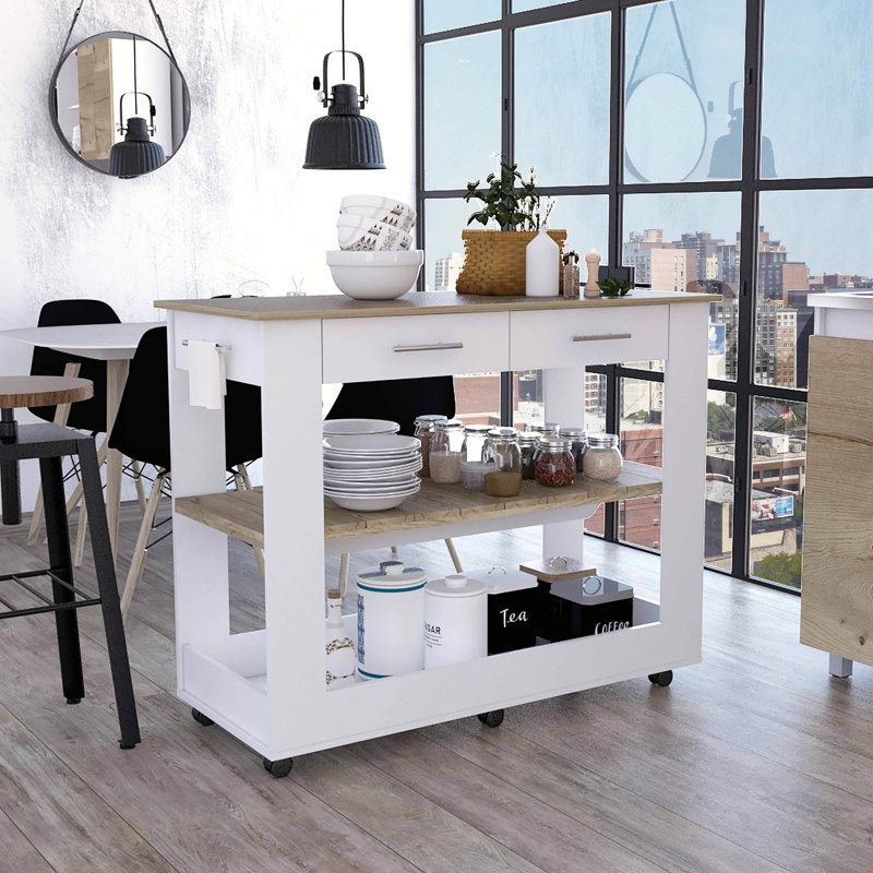Îlot de cuisine Brooklyn 46, deux tablettes, deux tiroirs