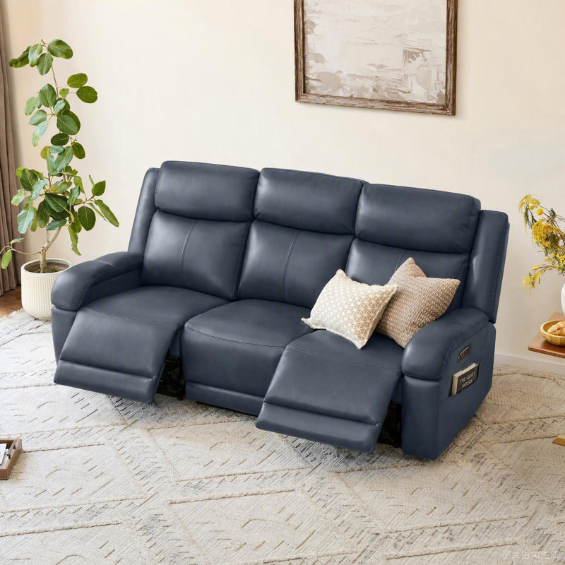 Canapé inclinable électrique en cuir véritable Zachery, Marine, 3