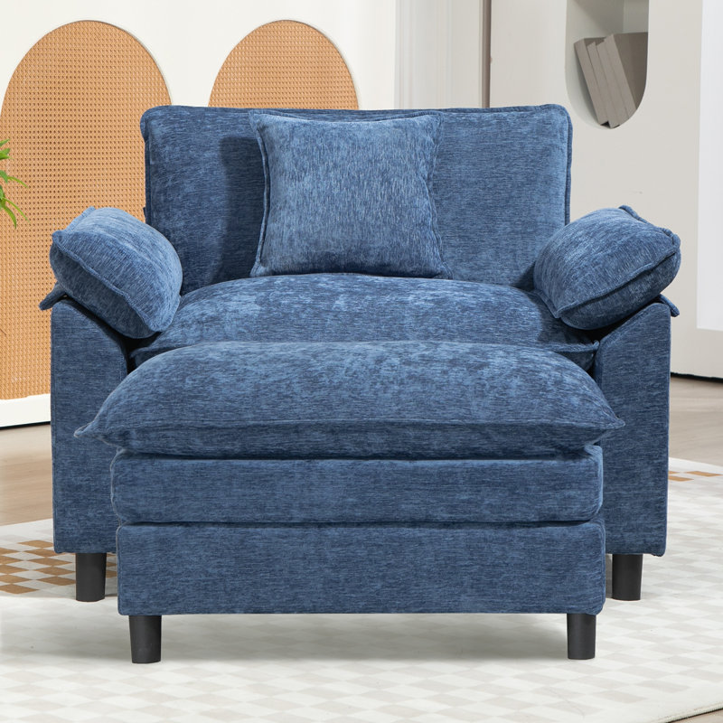 Chenille Oversized Accent Armchair With Ottoman, Blue Chenille