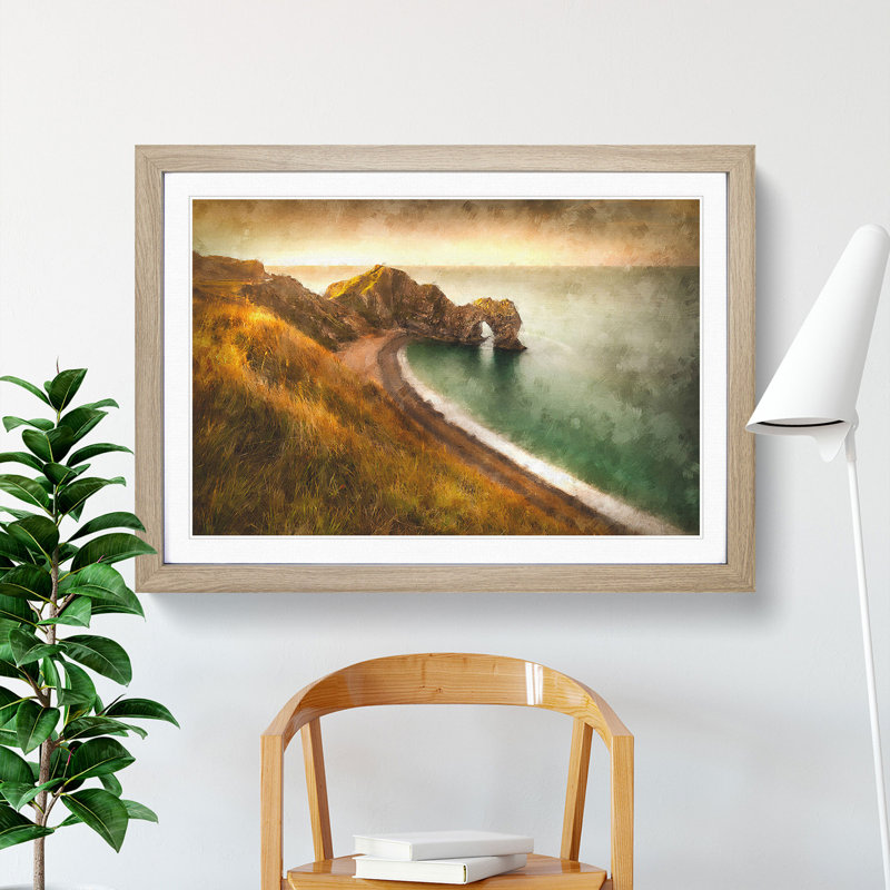 Durdle Door Cliffs Wareham - Picture Frame Graphic Art Print, 24cm H x 33cm W x 2cm D, Oak Framed