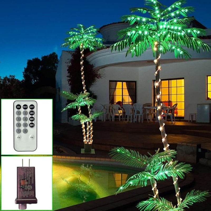 7FT Green Plastic Palm Tree with LED Lights for Outdoor Decor