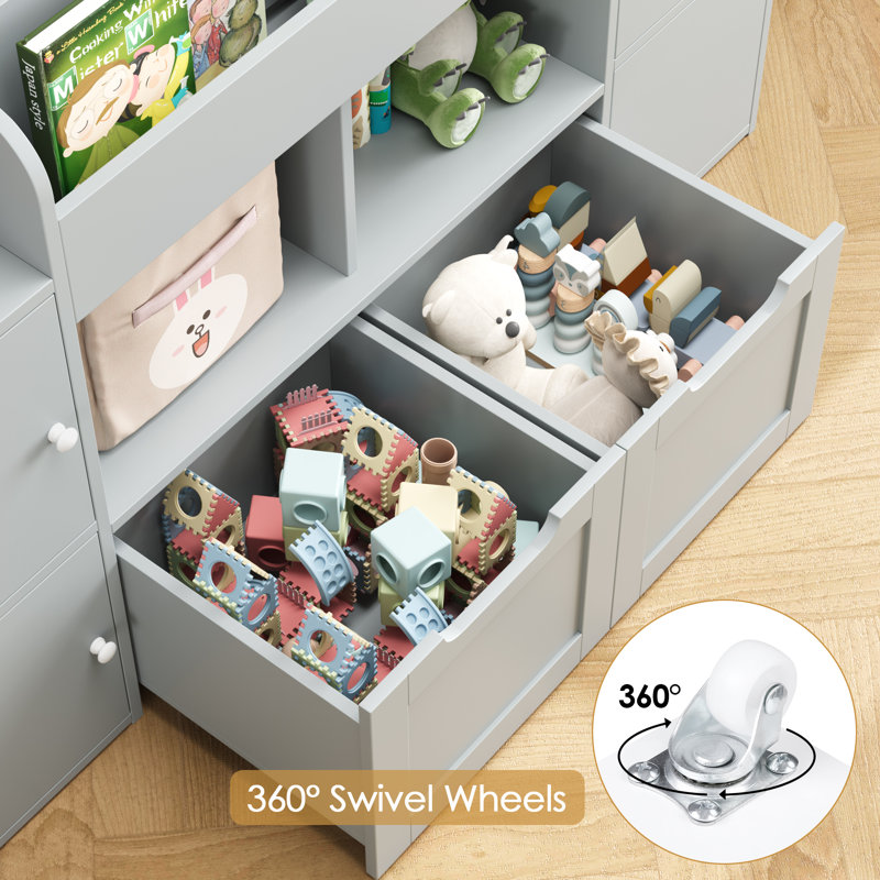Bibliothèque standard à 6 compartiments en bois avec 4 portes et 2 tiroirs amovibles gris, Kirklyn, Gris