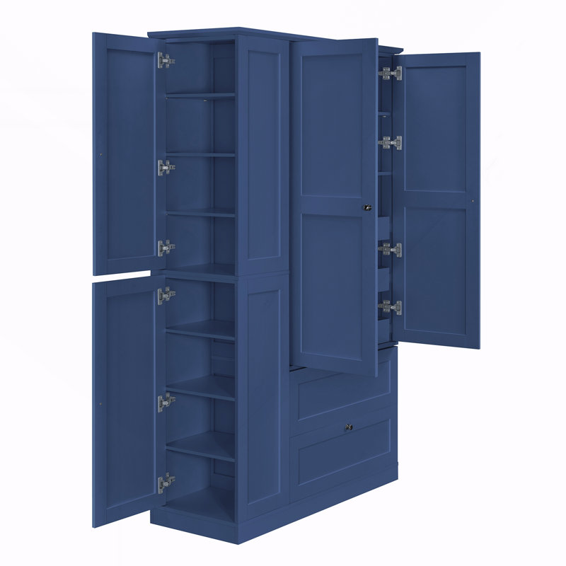 Grand garde-manger de style campagnard avec 8 tablettes, 2 tiroirs, 3 plateaux coulissants, 4 portes et armoires latérales pour la cuisine et la salle à manger