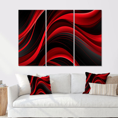 Happy Streams Minimal Red Black - Abstract Modern Waves Wall Art Living Room Set
