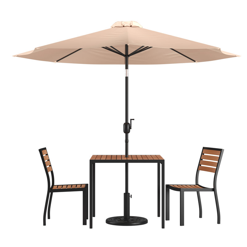 Abi-Louise Faux Teak Patio Table, 2 Chairs & 9FT Patio Umbrella with Base, Tan Umbrella