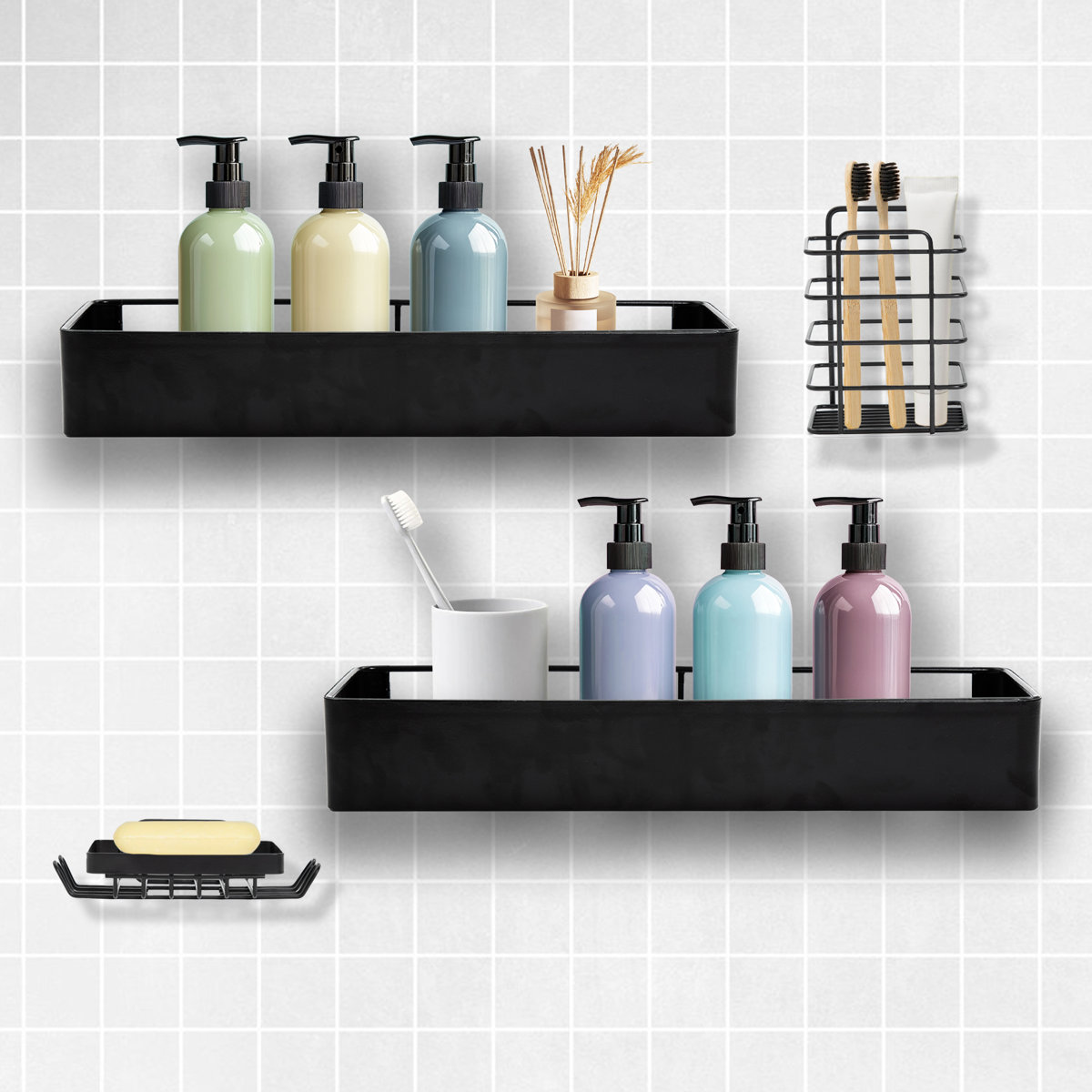 Cdfvgbh Premium Shower Caddy Self Adhesive Shower Organizer W/ 4 Hooks Drill Shower Shelves Inside Shower Rustproof Stainless Steel Shower Rack Bathro