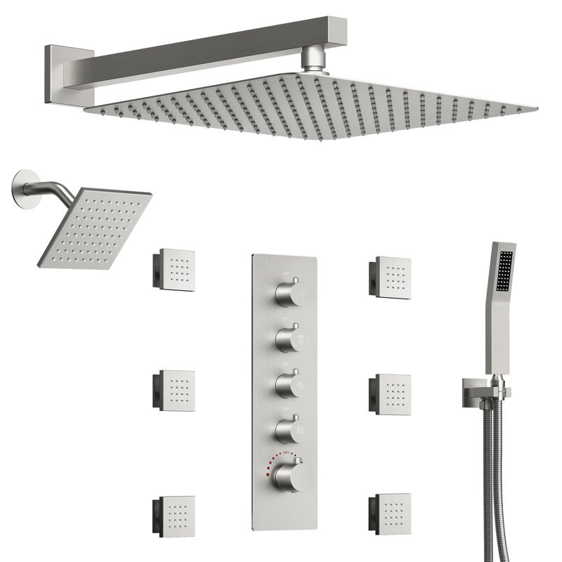 Thermostatic Dual Showerheads System, Wall Mount 16" High-Pressure Rainfall Shower Faucet with Handheld Spray and Body Jet