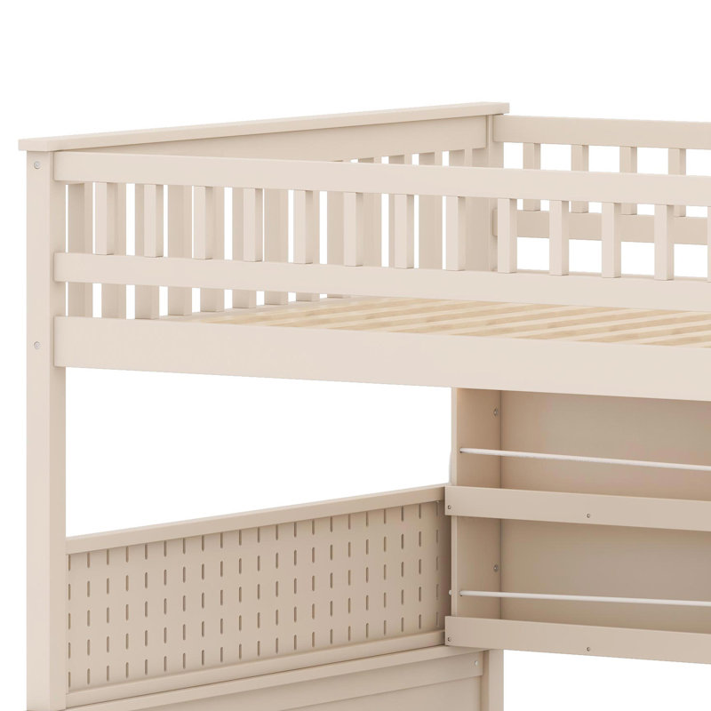 Loft-Style Bunk Bed Featuring Integrated Storage, Adjustable LED Lights And Pegboard Panel, Beige, Full XL Over Queen