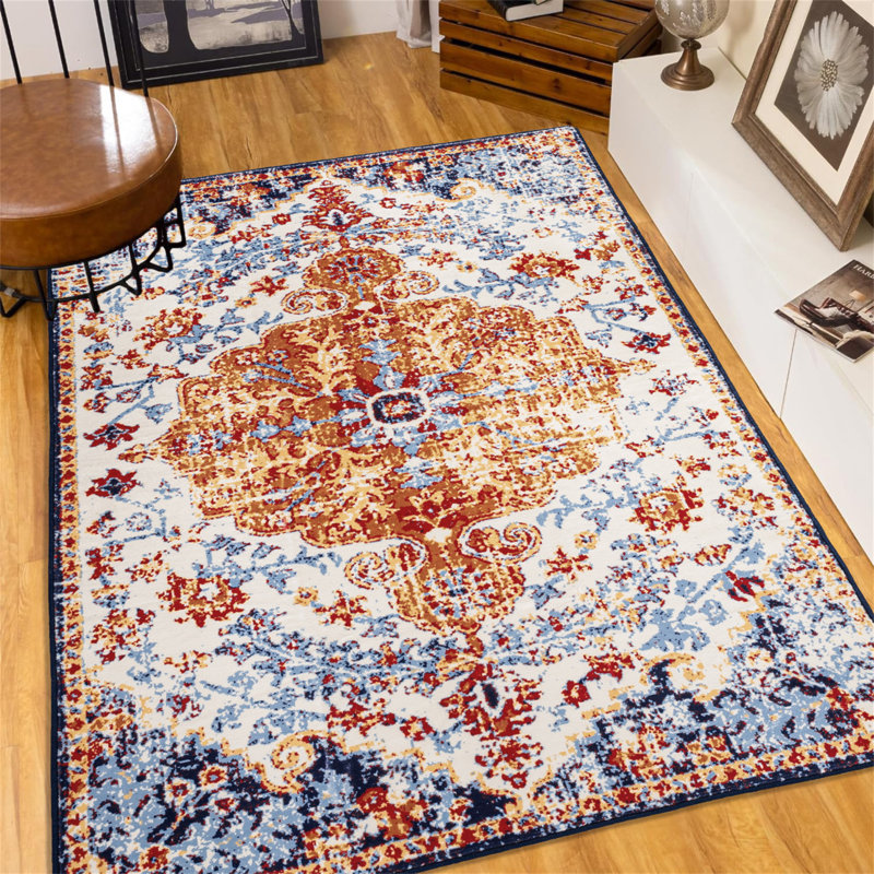 Area Rug  Vintage Bohemia Large Persian Non-Slip Washable Rug For Living Room Kitchen Bedroom Living Room Flower Design Amber