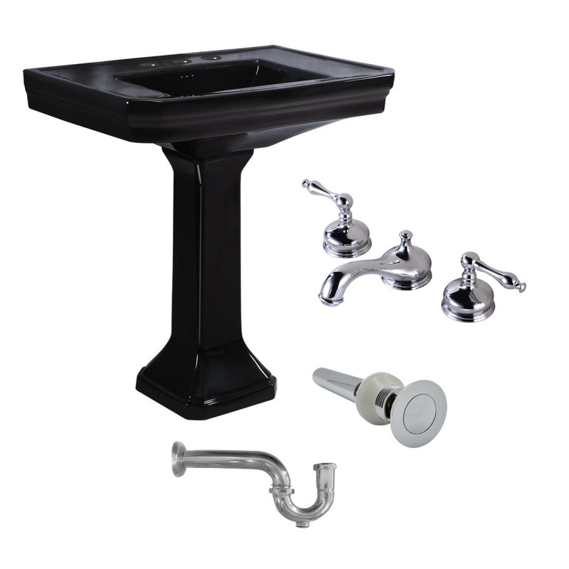 Large Black Victorian Pedestal Bathroom Sink, Vitreous China, 34.6” Tall x 31.9” Wide, Rectangular Freestanding Combo with 8" Widespread Faucet Holes