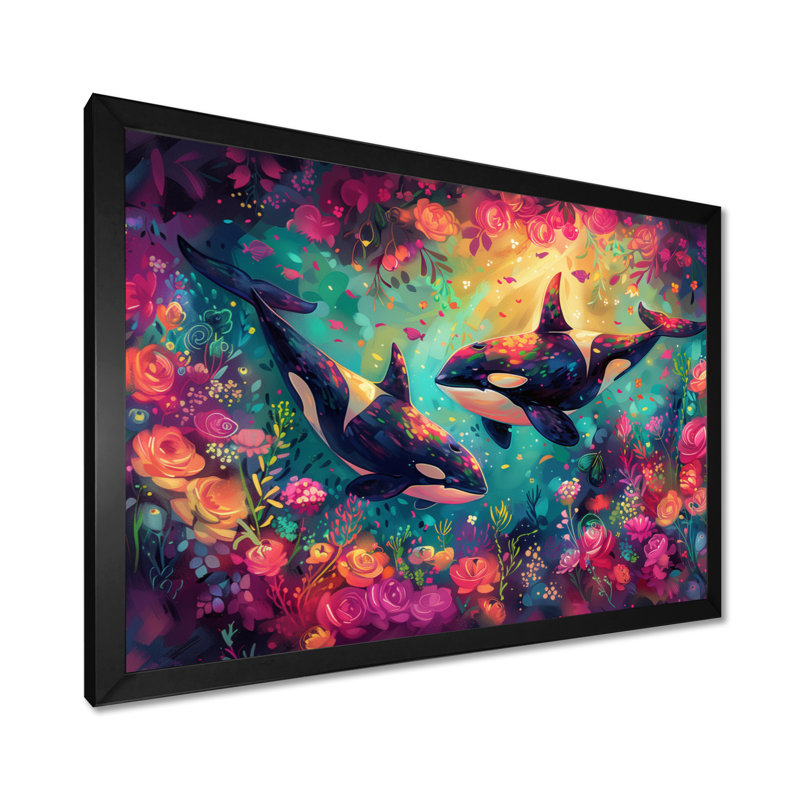 Black Orca Swimming Paradise Dream I - Whale Animal Wall Art Print, 30'' H x 40'' W, Black Single Picture Framed