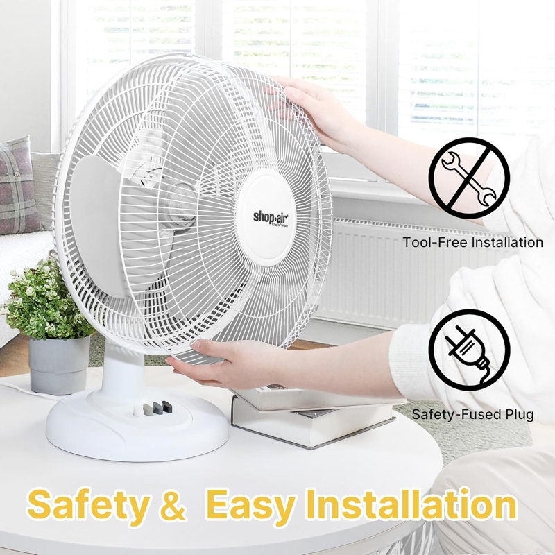 Ventilateur de table oscillant 16 po, 3 vitesses, haute vitesse, circulation d'air silencieuse et puissante, inclinaison de la tête réglable à 70 °, idéal pour la maison, la chambre à coucher ou le bureau, blanc