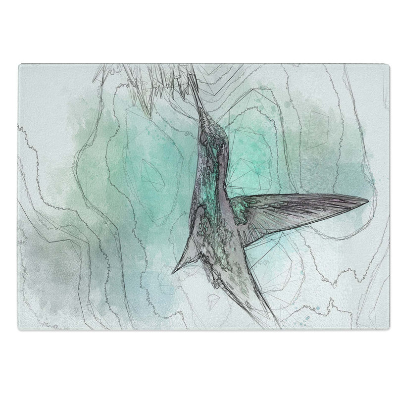 Glass Green Hummingbird in Abstract Chopping Board, 39 cm W x 28.5 cm L