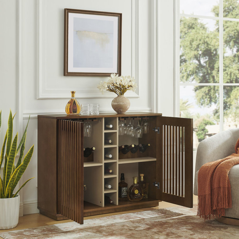 43.1'' Modern Fluted Buffet Cabinet With Wine Glass Holder, Walnut