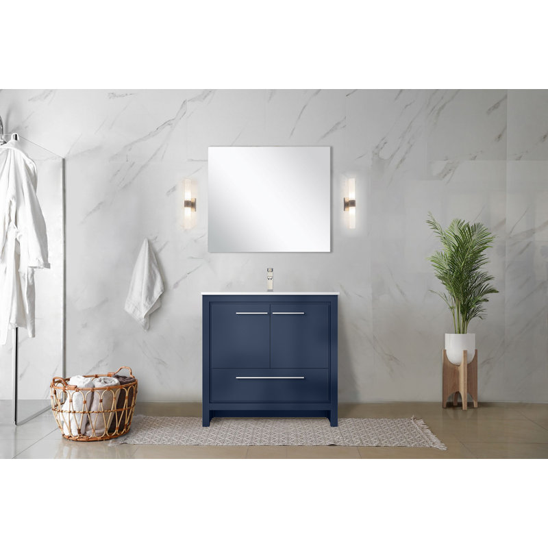 Lafarre 36" W x 20" D Single Vanity 28" Mirror & Faucet Set, Navy Blue, White Quartz