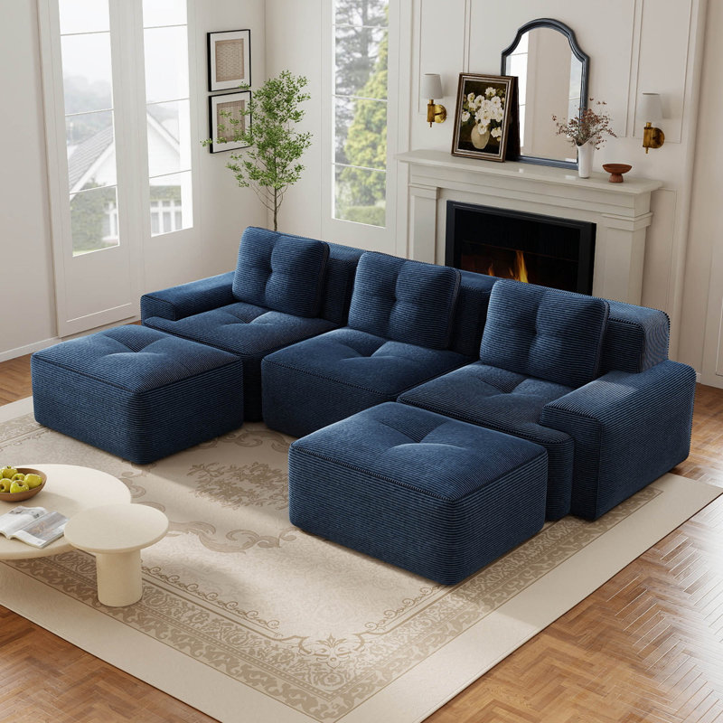 Canapé modulaire 115 po avec 2 repose-pieds mobiles Corduroy, Blue Corduroy