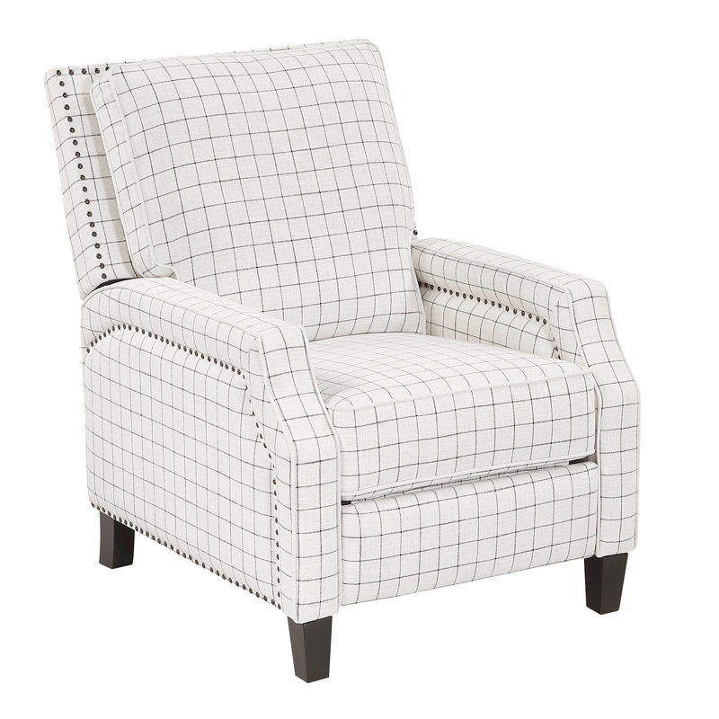 Fauteuil à mouvement automatique de style transitionnel, avec motif écossais noir, base en bois massif, rembourrage en mousse sur ressorts ensachés, coussins de dossier et de siège attachés, pieds exposés, conception à pression, charge de 300 lb