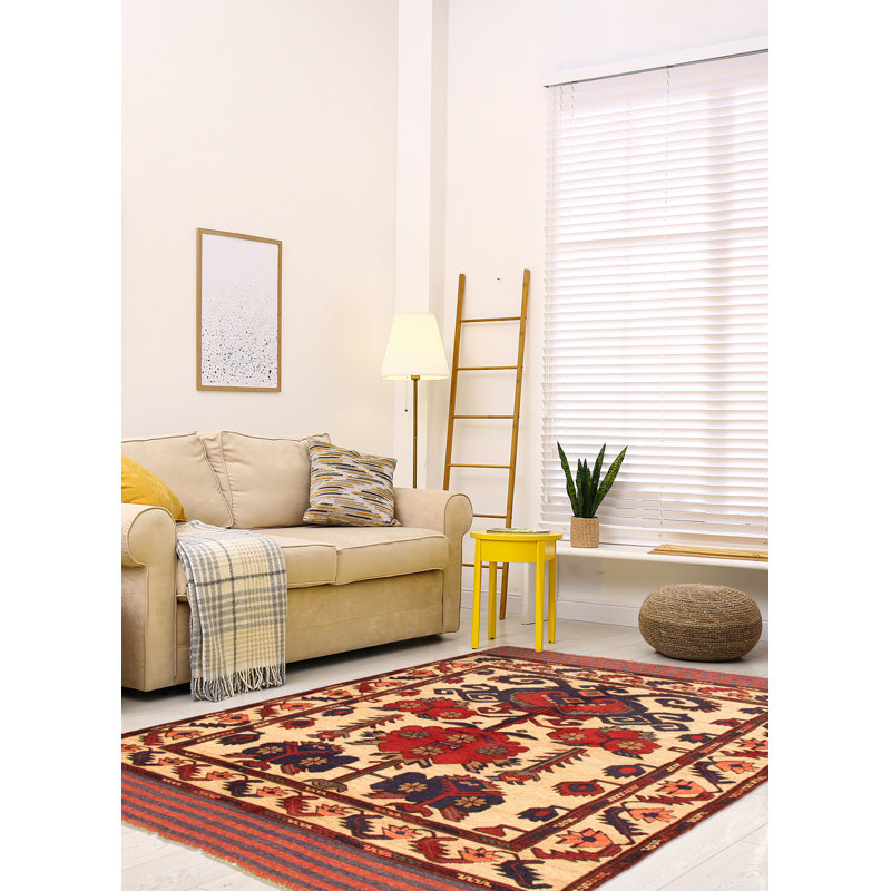Tapis décoratif en laine de conception unique 4 pi 1 po x 6 pi Chastelyn noué à la main New Age en laine beige/rouge/bleu marine