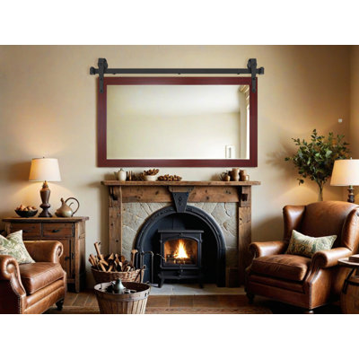 Modern Rustic Mirror with Steel Barn Door Track and Decorative Metal Corner Brackets