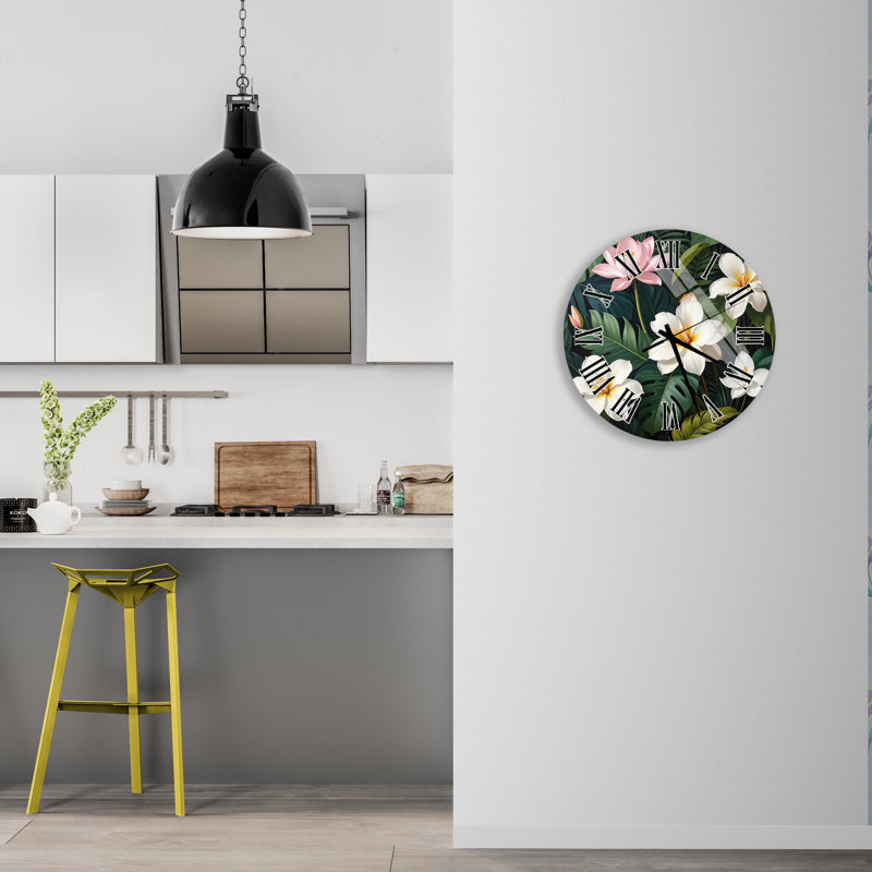 Horloge murale florale en verre trempé, fleurs blanches et roses, horloge thème tropical, décor élégant, horloge murale