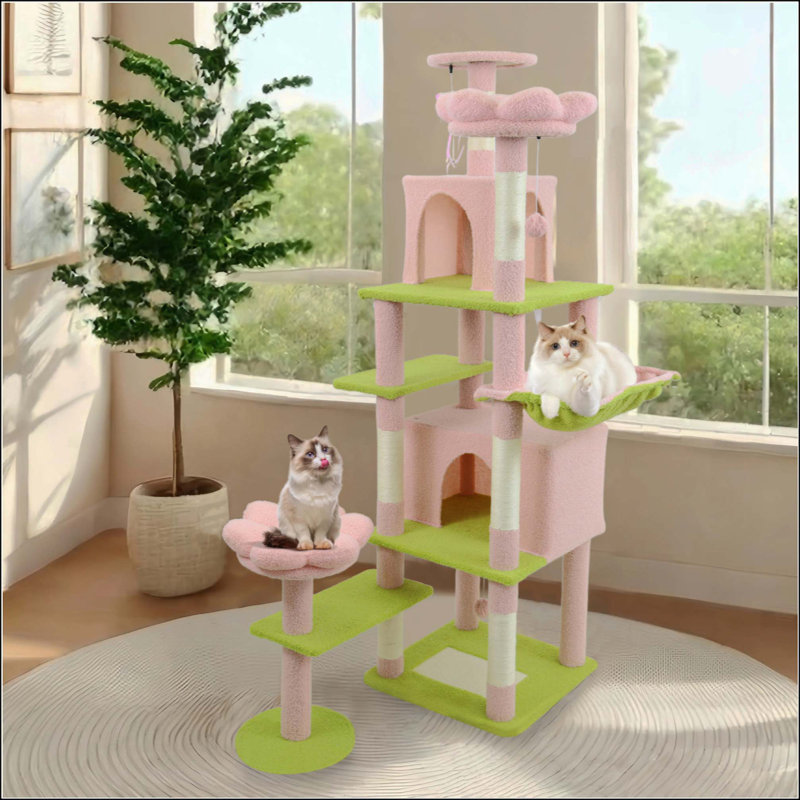 Arbre à chat avec coussin et grand hamac, Rose / Vert