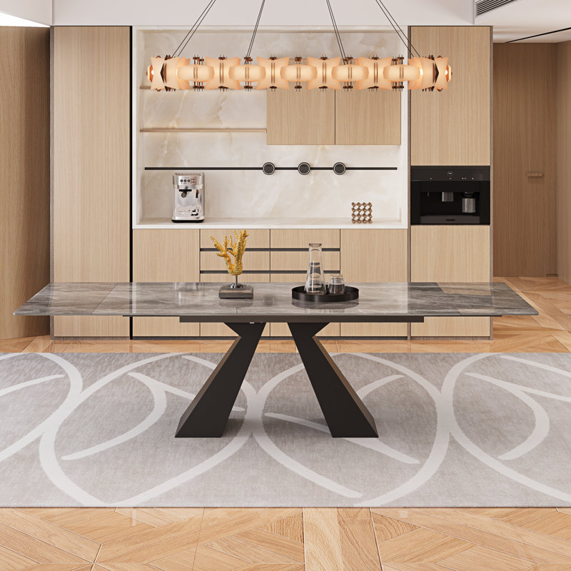 63'' to 94.5” Extendable Dining Table For 8-10 with Sintered Stone Tabletop and Metal Base, Italian Gray