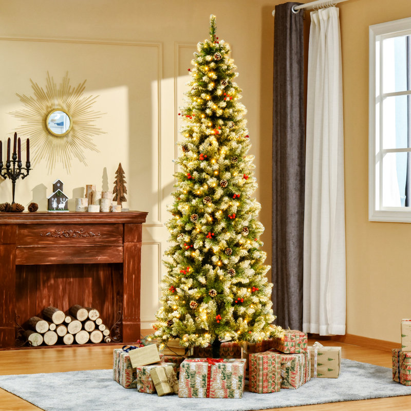 Arbre de Noël artificiel pré-éclairé enneigé avec branches réalistes, 460 lumières DEL, pommes de pin, baies rouges et 1298 pointes