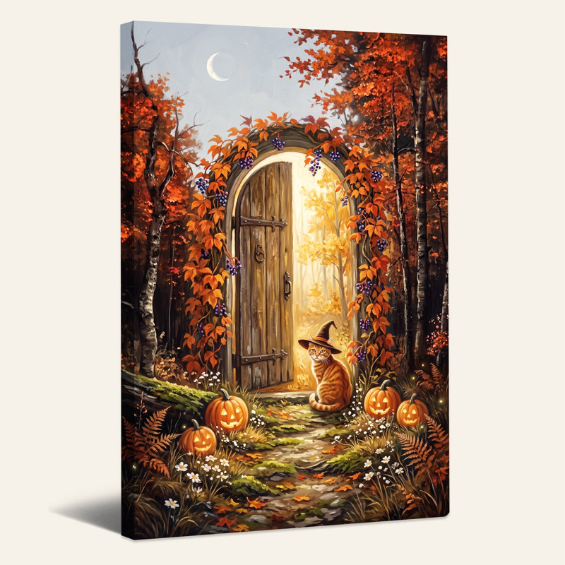 Toile orange d'Halloween, chat orange dans un chapeau de sorcière près de citrouilles, H 24 po x l 16 po