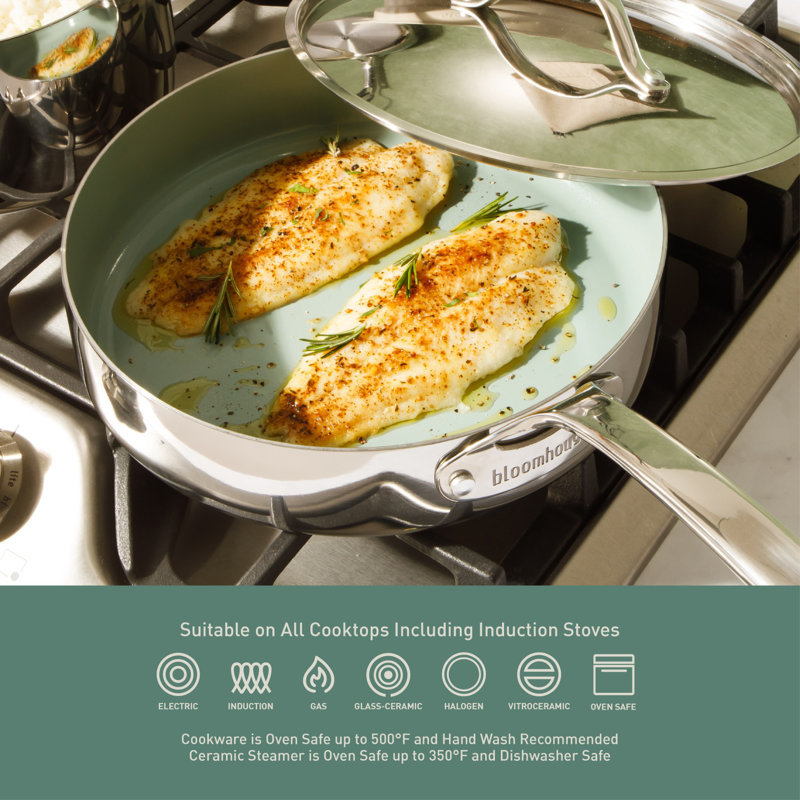 Bloomhouse 8 Piece Triply Stainless Steel Pots and Pans Cookware Set W/Non Toxic Pro Ceramic Non Stick Interior, Green