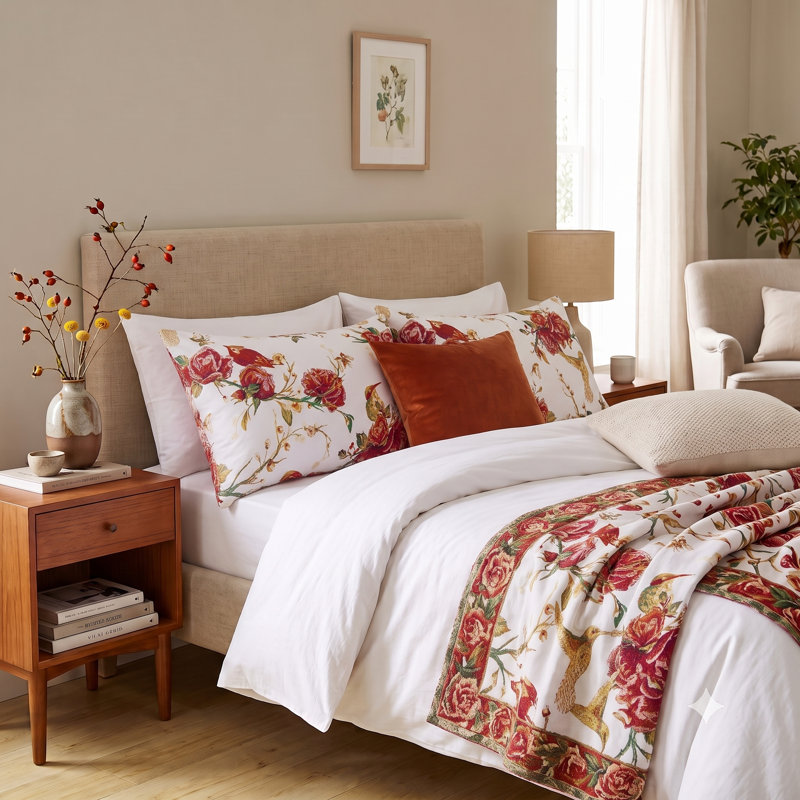 Hummingbird & Red Rose Floral Microfiber Percale Pillowcase Set - Cottagecore & Farmhouse Bedding, 30" x 20" Pillowcase