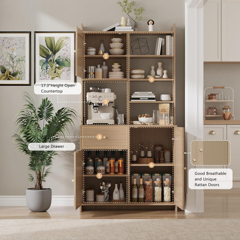 71" Tall Kitchen Pantry Cabinet with Microwave Stand, 3 Adjustable Shelves, Drawer & Rattan Doors, Natural, Brown