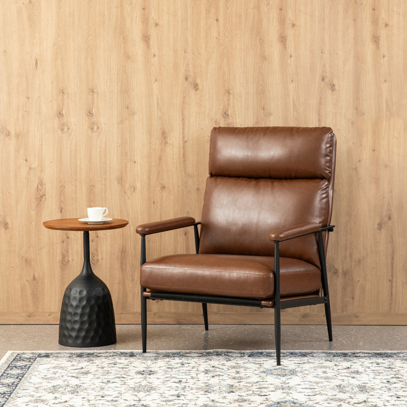 Mid-Century Modern Leatherette Armchair With High Back And Padded Arms, Brown Faux Leather