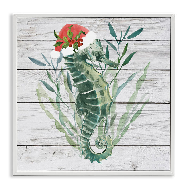 Chapeau de père Noël hippocampe nautique, H 12 po x l 12 po, Giclée encadrée blanc bord de mer